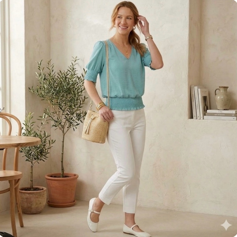 Philosophy Republic V-Neck Smocked Waist Puff Sleeve Blouse Teal Blue XS